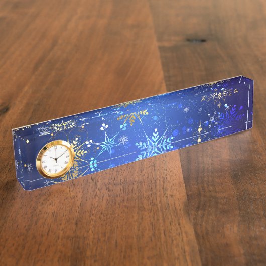 XMAS Blue Background mit goldenen Schneeflocken Namensplakette (Seite)