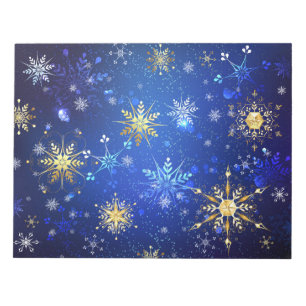 XMAS Blue Background mit goldenen Schneeflocken Notizblock