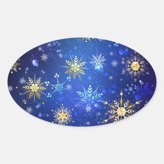 XMAS Blue Background mit goldenen Schneeflocken Ovaler Aufkleber (Vorderseite)