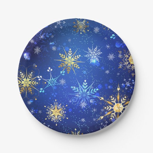 XMAS Blue Background mit goldenen Schneeflocken Pappteller (Vorderseite)