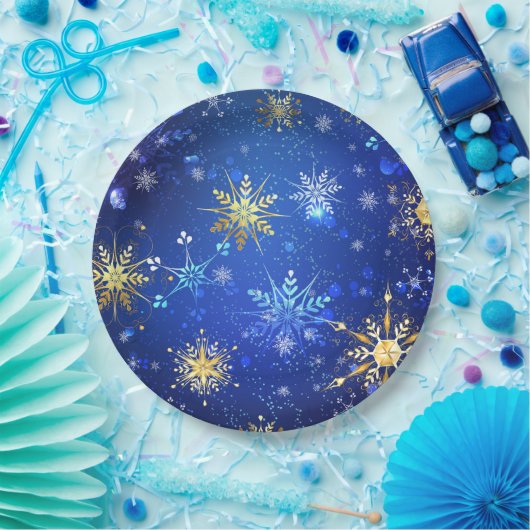 XMAS Blue Background mit goldenen Schneeflocken Pappteller (Party)
