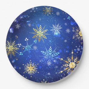 XMAS Blue Background mit goldenen Schneeflocken Pappteller