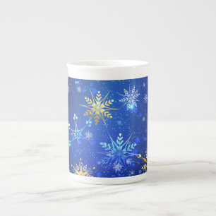 XMAS Blue Background mit goldenen Schneeflocken Porzellantasse