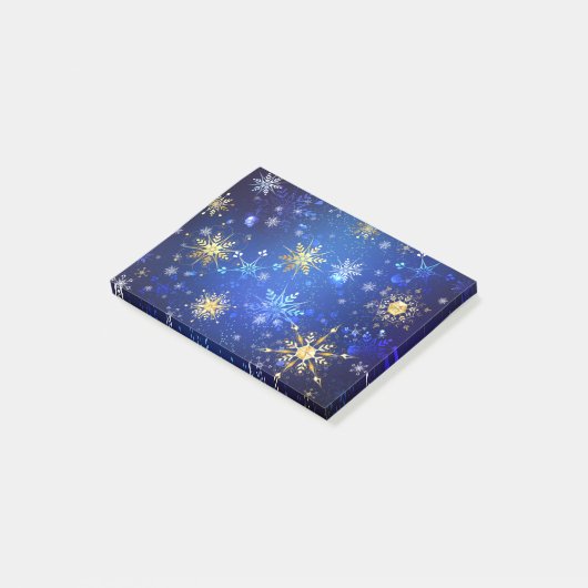 XMAS Blue Background mit goldenen Schneeflocken Post-it Klebezettel (angewinkelt)
