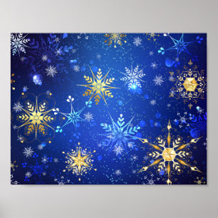 XMAS Blue Background mit goldenen Schneeflocken Poster