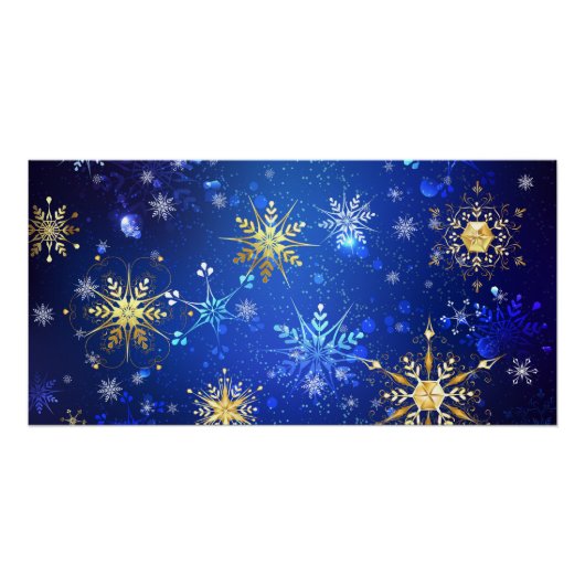 XMAS Blue Background mit goldenen Schneeflocken Poster (Vorderseite)