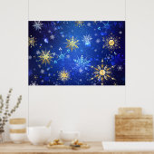 XMAS Blue Background mit goldenen Schneeflocken Poster (Küche)