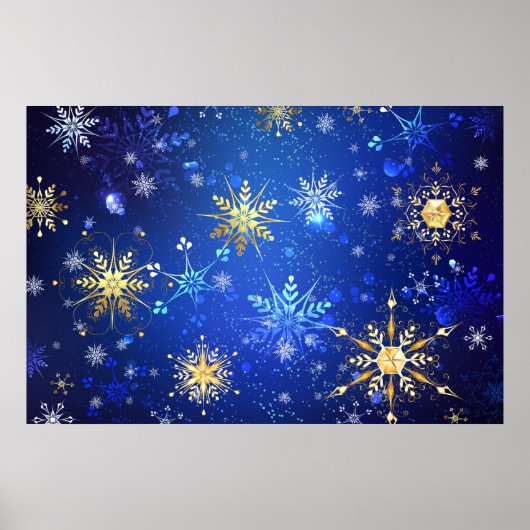 XMAS Blue Background mit goldenen Schneeflocken Poster (Vorne)