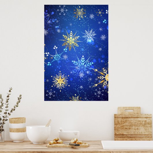 XMAS Blue Background mit goldenen Schneeflocken Poster (Küche)