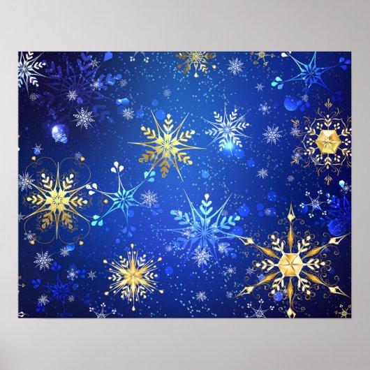XMAS Blue Background mit goldenen Schneeflocken Poster (Vorne)