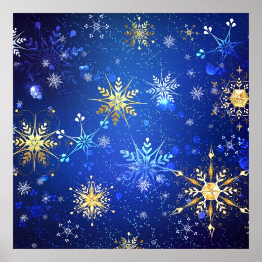 XMAS Blue Background mit goldenen Schneeflocken Poster (Vorne)
