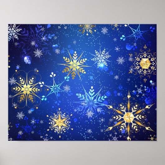 XMAS Blue Background mit goldenen Schneeflocken Poster (Vorne)