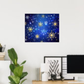 XMAS Blue Background mit goldenen Schneeflocken Poster (Heimbüro)