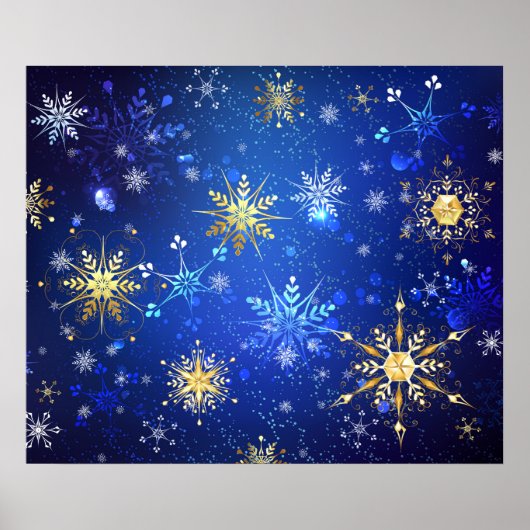 XMAS Blue Background mit goldenen Schneeflocken Poster (Vorne)