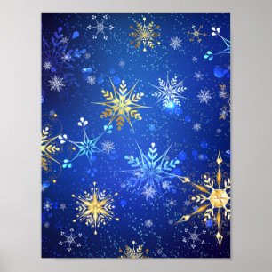 XMAS Blue Background mit goldenen Schneeflocken Poster