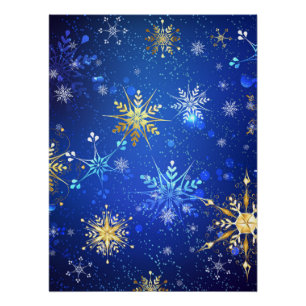 XMAS Blue Background mit goldenen Schneeflocken Poster