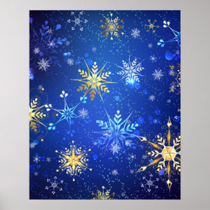XMAS Blue Background mit goldenen Schneeflocken Poster