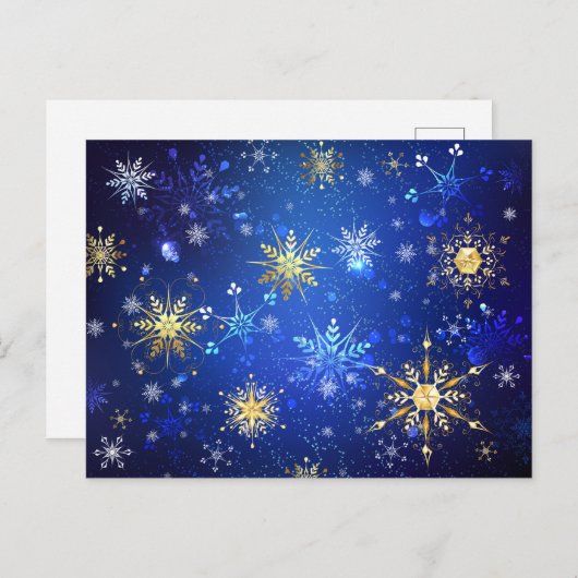 XMAS Blue Background mit goldenen Schneeflocken Postkarte (Vorne/Hinten)