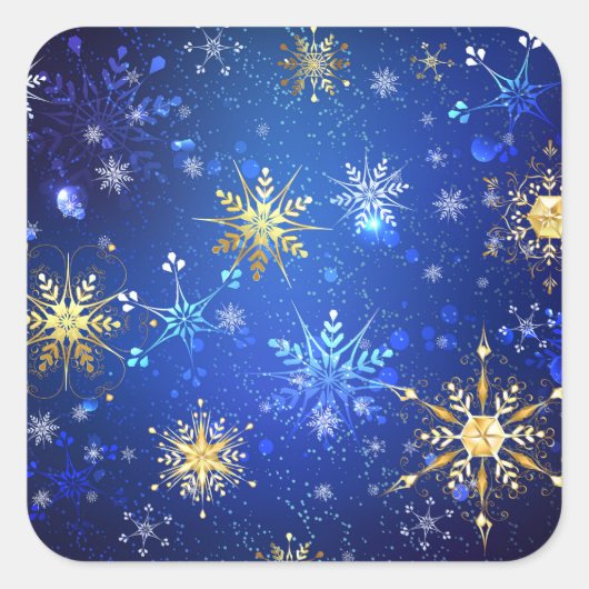 XMAS Blue Background mit goldenen Schneeflocken Quadratischer Aufkleber (Vorderseite)