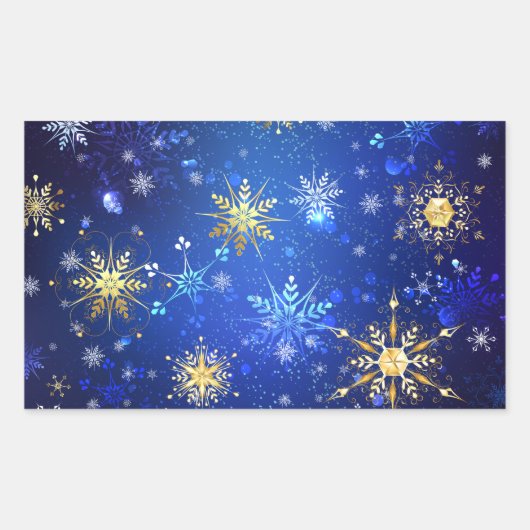 XMAS Blue Background mit goldenen Schneeflocken Rechteckiger Aufkleber (Vorderseite)