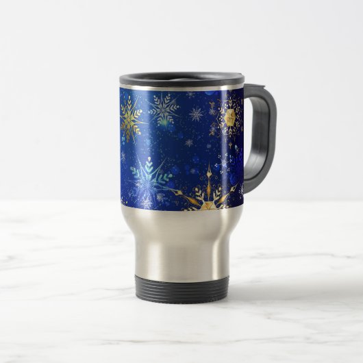 XMAS Blue Background mit goldenen Schneeflocken Reisebecher (VorderseiteRechts)