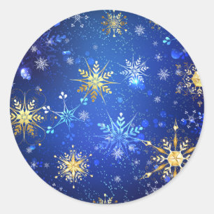 XMAS Blue Background mit goldenen Schneeflocken Runder Aufkleber