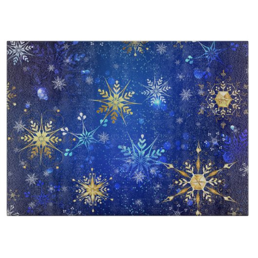 XMAS Blue Background mit goldenen Schneeflocken Schneidebrett (Vorderseite)