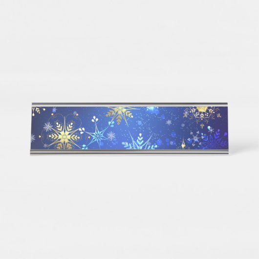 XMAS Blue Background mit goldenen Schneeflocken Schreibtischnamensplakette (Vorderseite )