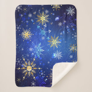 XMAS Blue Background mit goldenen Schneeflocken Sherpadecke