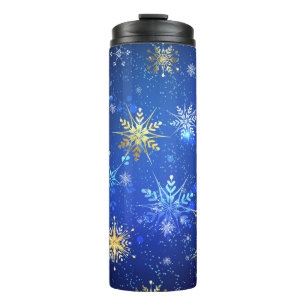 XMAS Blue Background mit goldenen Schneeflocken Thermosbecher