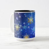 XMAS Blue Background mit goldenen Schneeflocken Zweifarbige Tasse (Vorderseite Links)