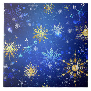 XMAS Blue Background with Golden Snowflakes Fliese