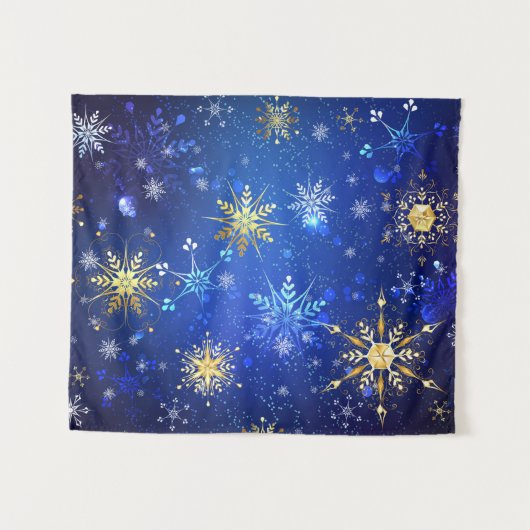 XMAS Blue Background with Golden Snowflakes Wandteppich (Vorderseite (Horizontal))