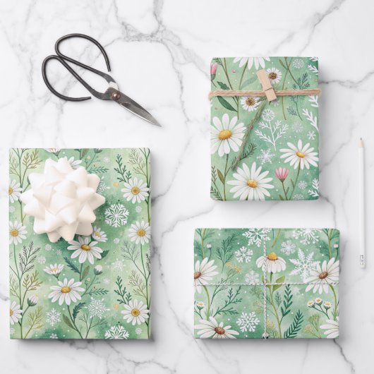 Xmas Daisy Flowers Winter Pattern Geschenkpapier Set (Vorderseite)