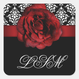 Xmas Damask Hochzeitsticker Rote Rose Schwarz-weiß Quadratischer Aufkleber