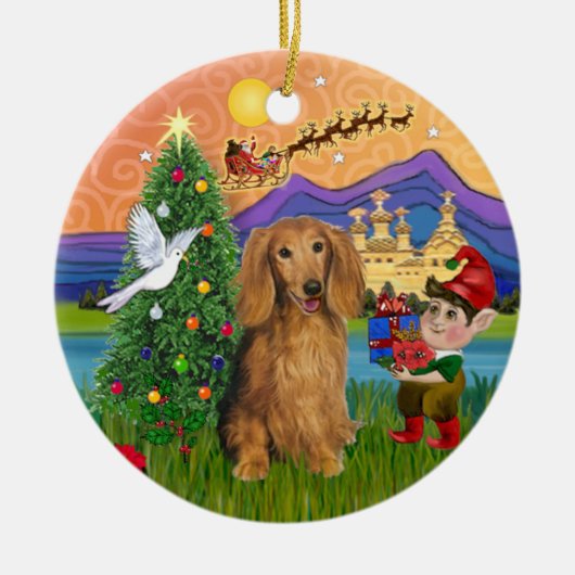 Xmas Fantasy - Langhaarige tragbare Dackel Keramikornament (Vorne)