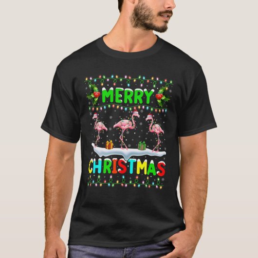 Xmas Flamingo Lighting Weihnachtsmannmütze Frohe W T-Shirt (Vorderseite)