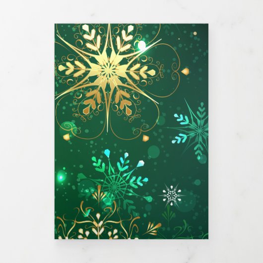 Xmas Golden Snowflakes on Green Background Dreifach Gefaltete Ankündigung (Cover)