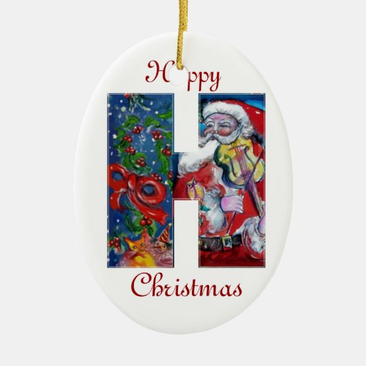 XMAS H SCHREIBEN /SANTA CLAUS MIT VIOLIN MONOGRAMM KERAMIKORNAMENT (Vorne)