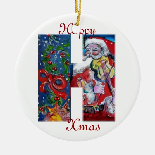 XMAS H SCHREIBEN /SANTA CLAUS MIT VIOLIN MONOGRAMM KERAMIKORNAMENT (Vorne)