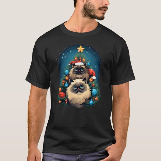 Xmas Himalayan Cat Pile Up Christmas Tree T-Shirt (Vorderseite)