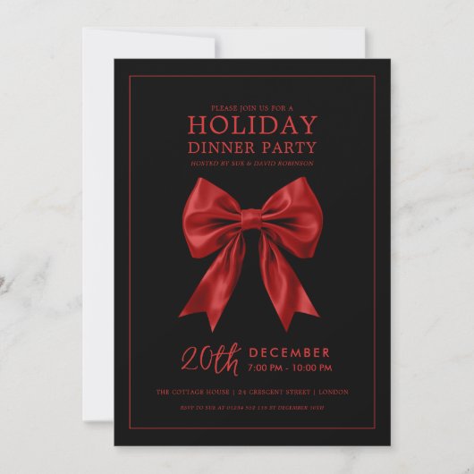 Xmas Holiday Dinner Party Red Satin Bow Black Einladung (Vorderseite)