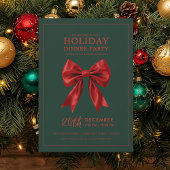 Xmas Holiday Dinner Party Red Satin Bow Green Einladung