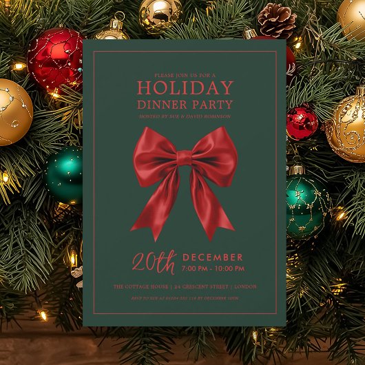 Xmas Holiday Dinner Party Red Satin Bow Green Einladung
