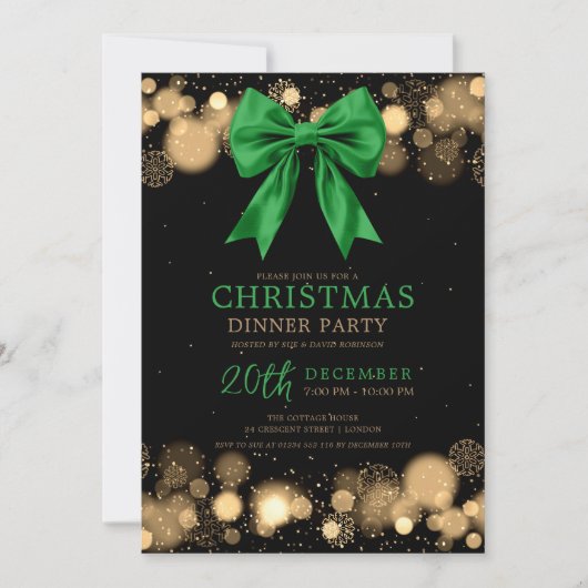 Xmas Holiday Dinner Party Winter Bow Green Gold Einladung (Vorderseite)