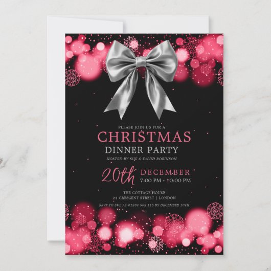 Xmas Holiday Dinner Party Winter Silver Bow Red Einladung (Vorderseite)