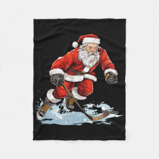 Xmas Holiday Fun Santa Playing Ice Hockey Christma Fleecedecke