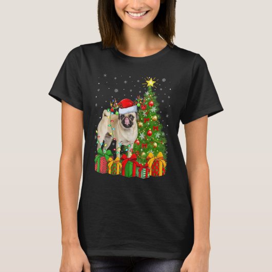 Xmas Holiday Lights Santa Pug Dog Christmas Tree T-Shirt (Vorderseite)