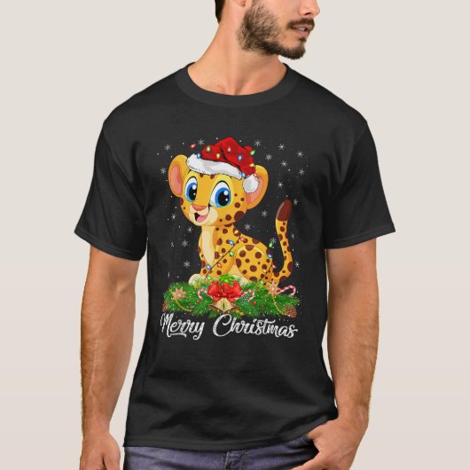 Xmas Licht Decke Weihnachtsmannmütze Cheetah Weihn T-Shirt (Vorderseite)