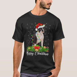 Xmas Licht Decor Weihnachtsmannmütze Boston Terrie T-Shirt